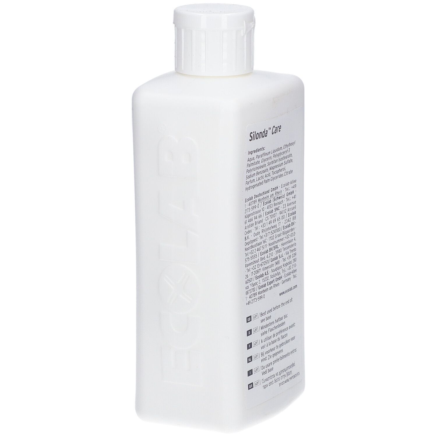 Witte fles met Silonda™ Care-etiket. Achterkant met ingrediënten en fabrikantinfo. ECOLAB-logo.