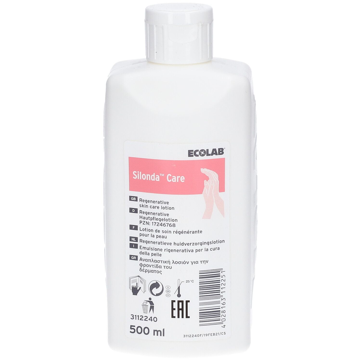 Witte fles met Silonda™ Care-etiket. Bevat 500 ml. Opschriften: Regenererende huidverzorgingslotion, ECOLAB, EAC-teken.
