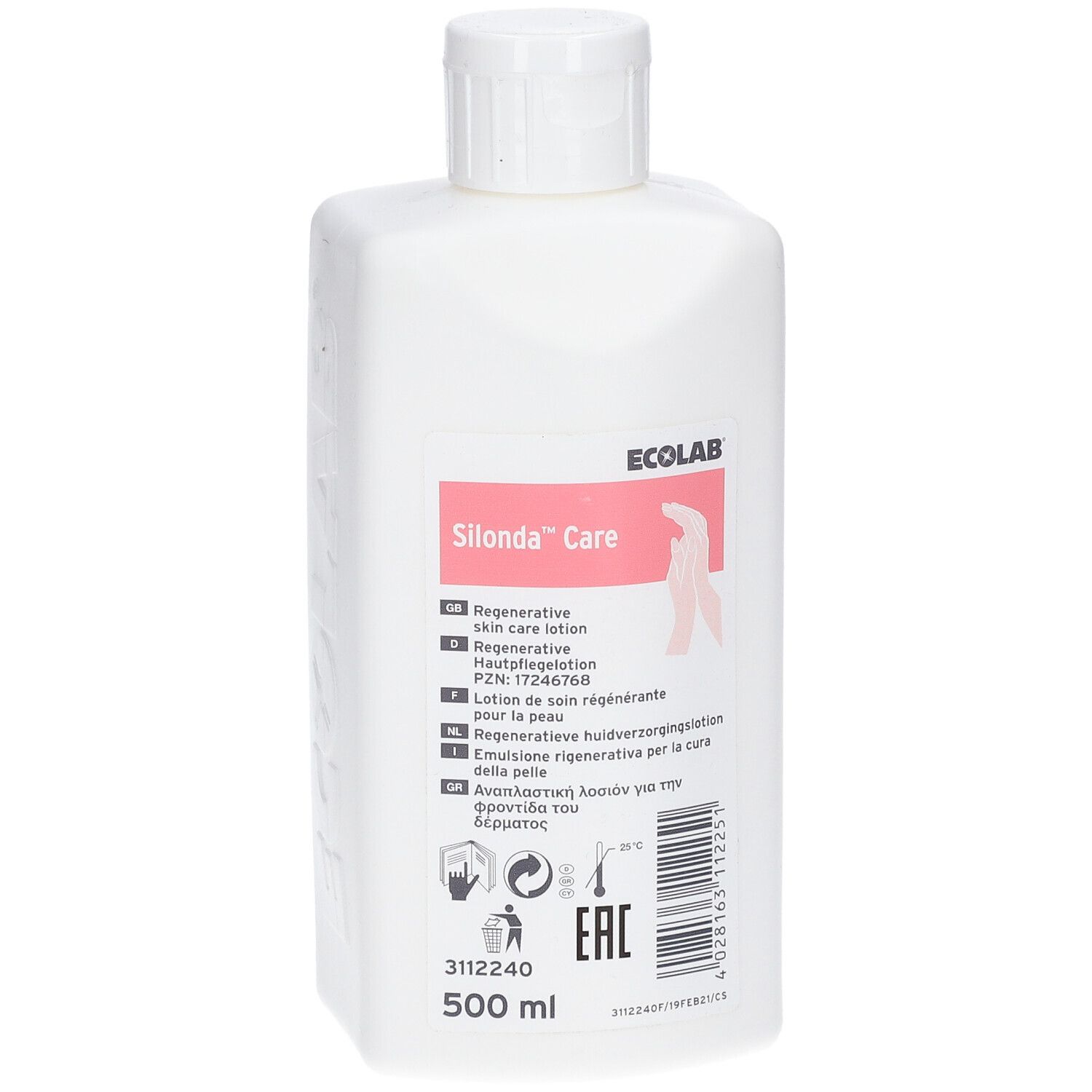 Witte fles met Silonda™ Care-etiket. Bevat 500 ml. Opschriften: Regenererende huidverzorgingslotion, ECOLAB, EAC-teken.