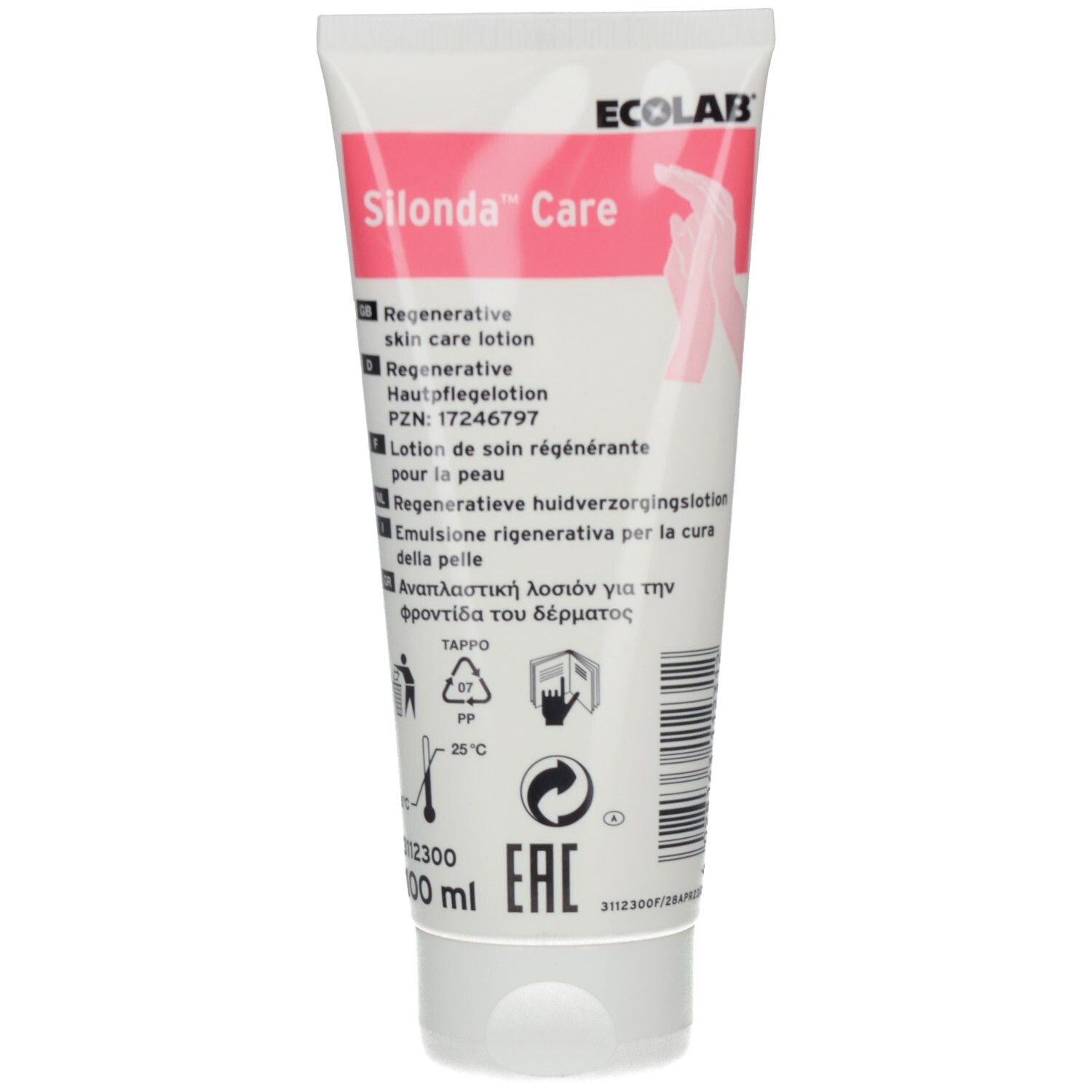 Tube Silonda Care huidverzorgingslotion. Roze tekst, witte tube, ECOLAB logo.