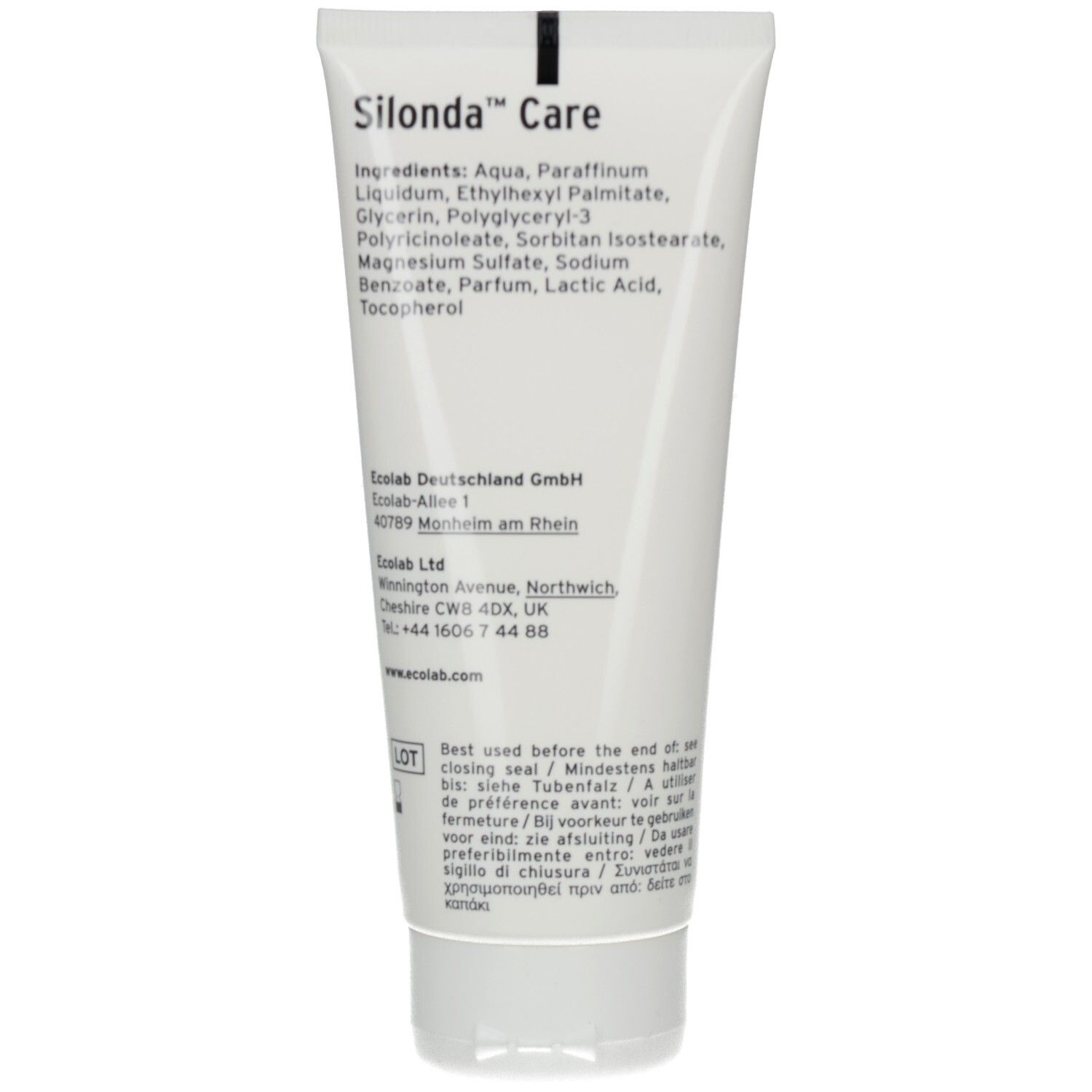 Achterkant van de tube Silonda Care. Lijst met ingrediënten en contactgegevens.