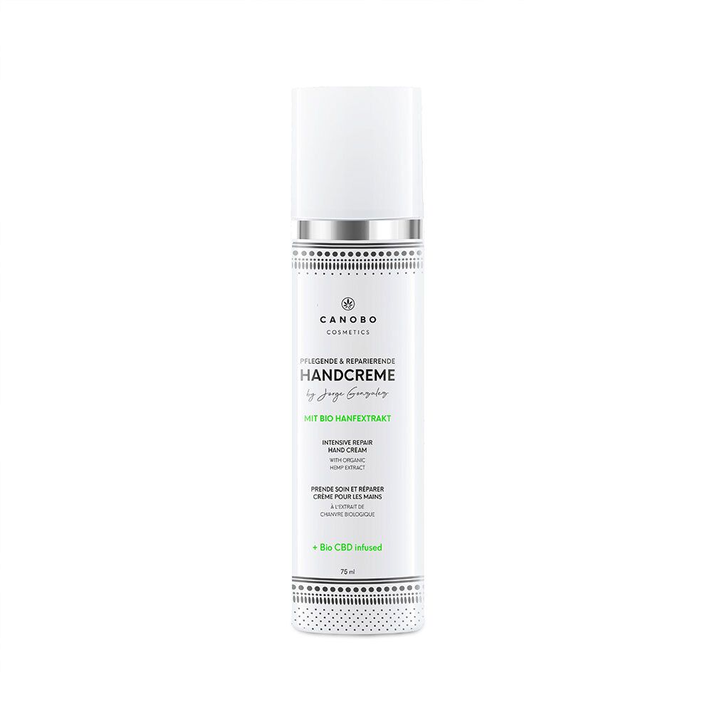Witte handcrèmetube met zilveren dop. Opschrift: CANOBO, HANDCREME, Bio Hanfextrakt. 75 ml.