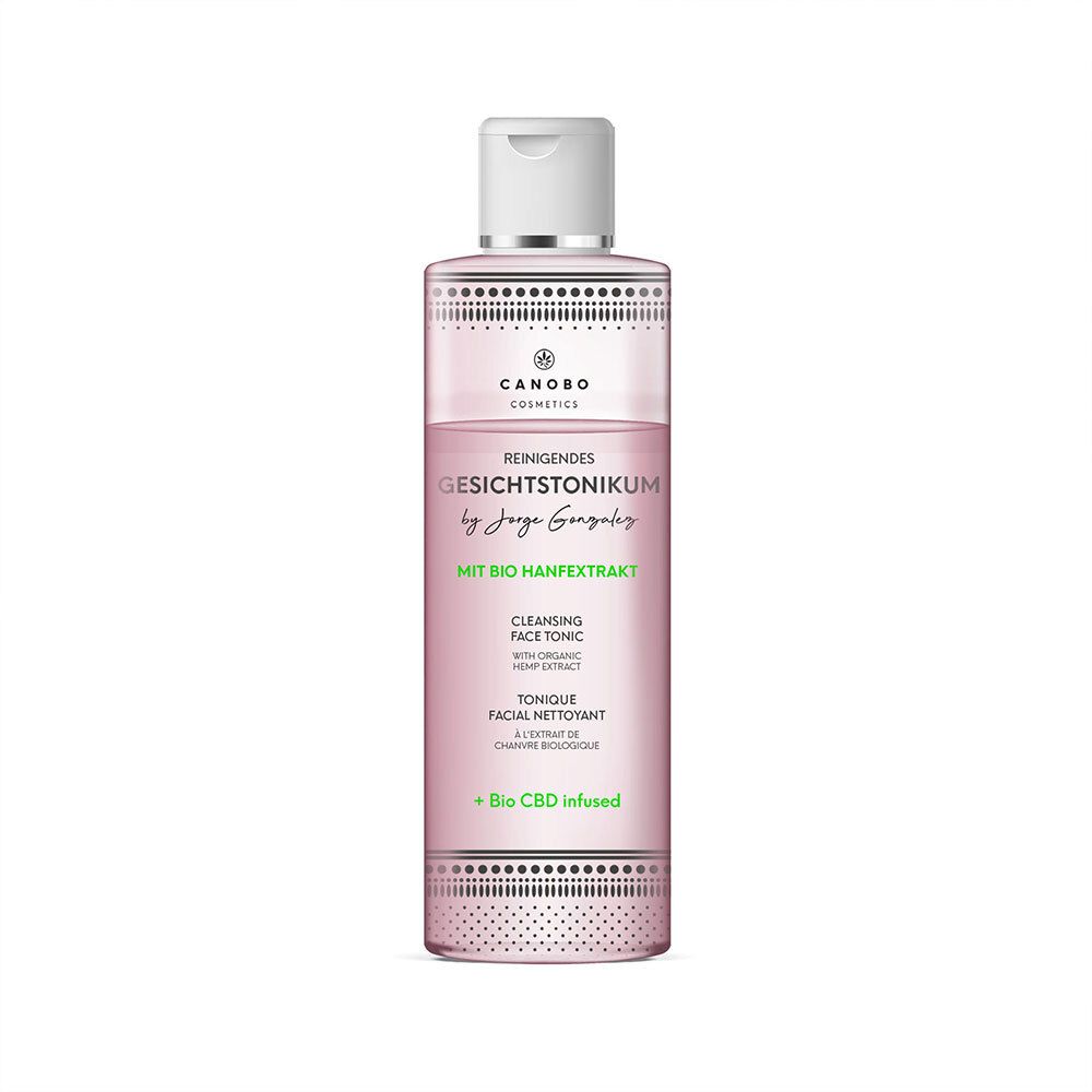 Tonique facial CANOBO avec extrait de chanvre bio. Liquide rose dans une bouteille avec bouchon blanc. Texte: Tonique facial nettoyant.