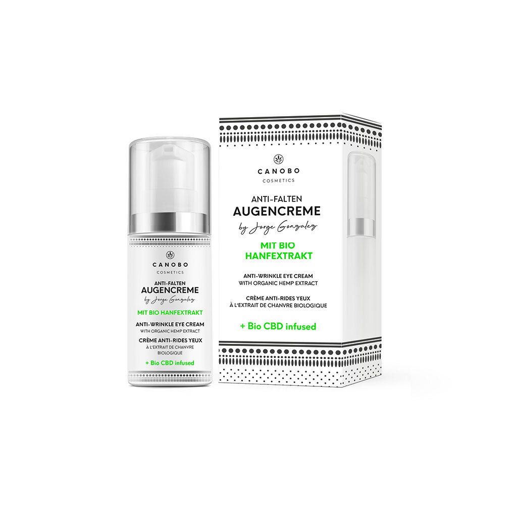 Flacon de crème pour les yeux blanc avec pompe et boîte. Inscription : Crème anti-rides pour les yeux avec extrait de chanvre bio. Marque : CANOBO Cosmetics.