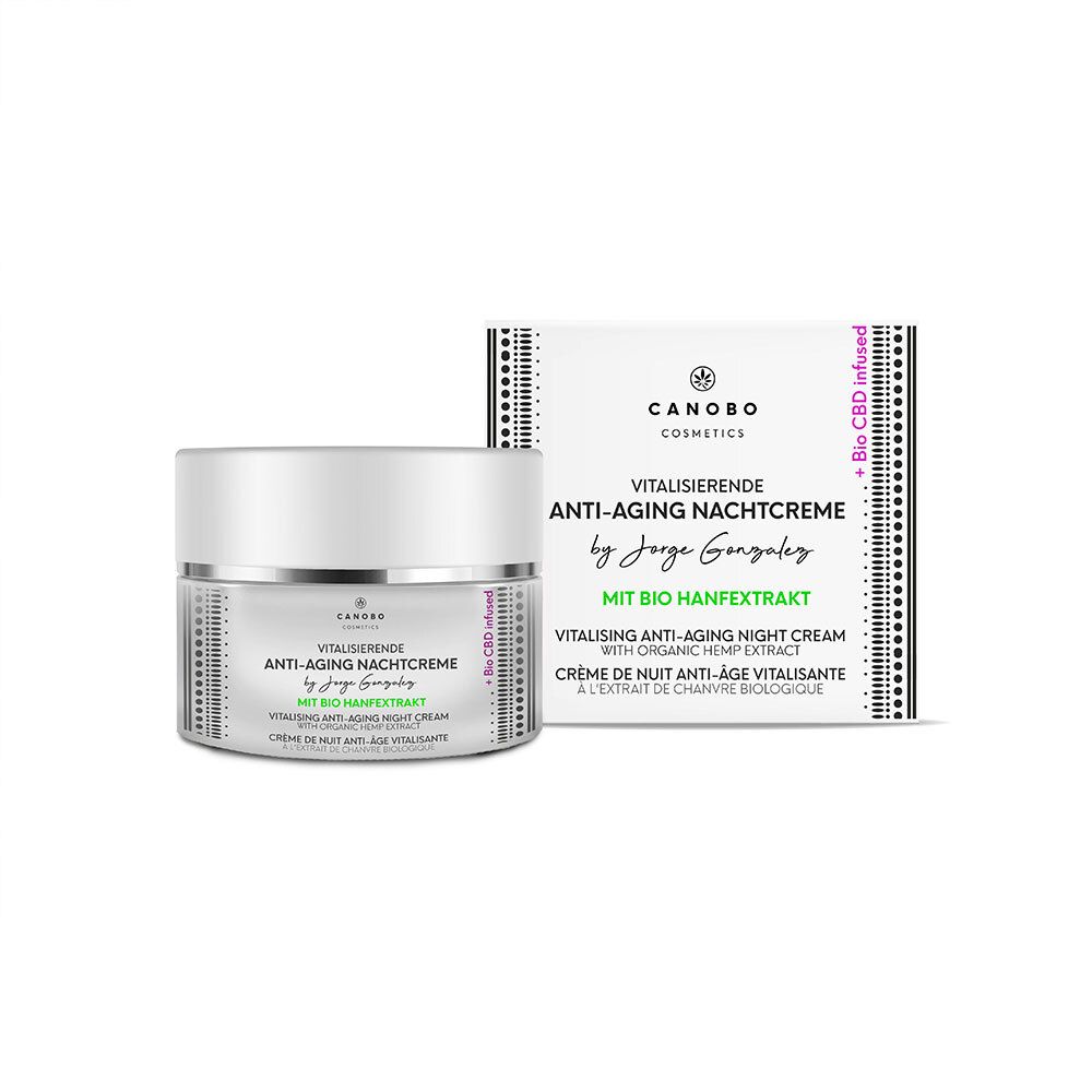 Pot de crème et emballage. Inscription: CANOBO, Crème de nuit anti-âge, avec extrait de chanvre bio. Pot blanc avec bord argenté.