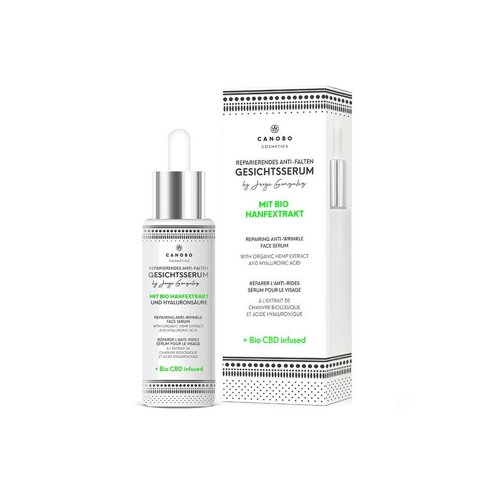 Serumfles en verpakking. Tekst: CANOBO, anti-rimpelserum met biologisch hennep extract.