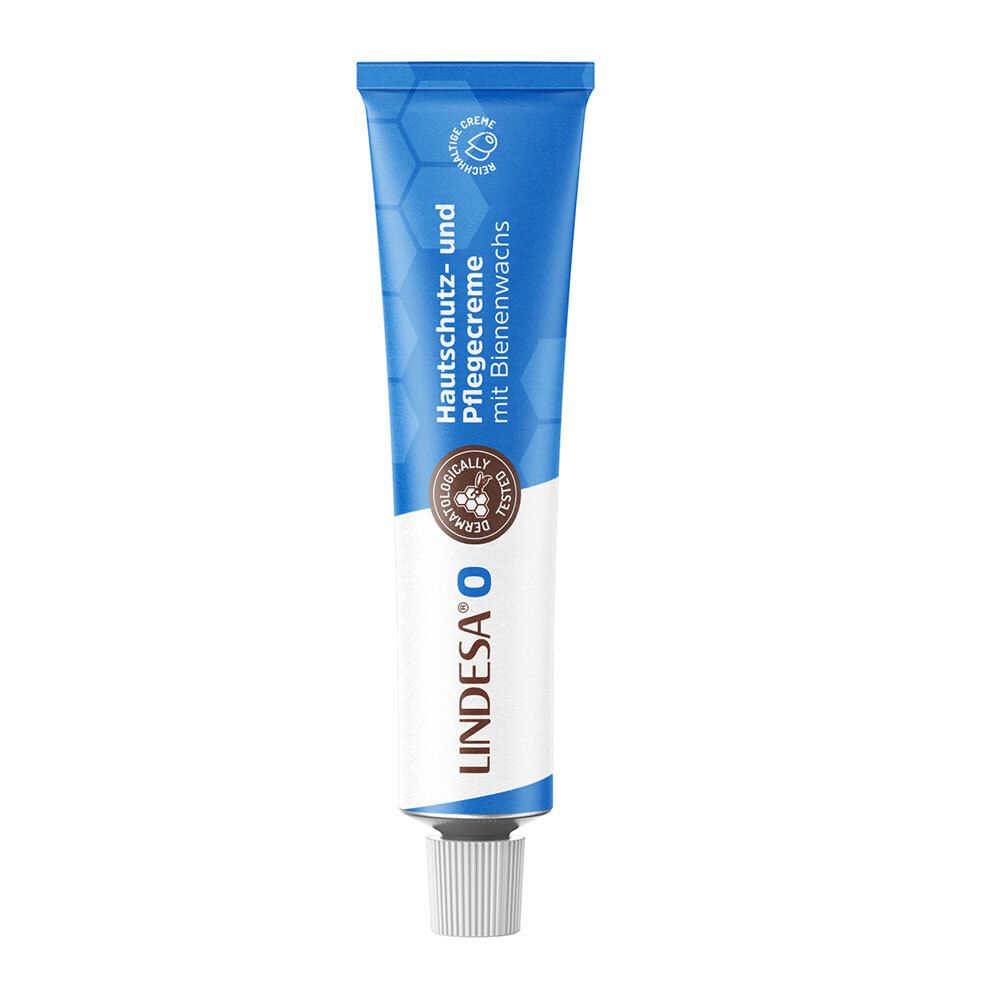 Tube de crème protectrice, bleu et blanc. Inscription : LINDESA® O, crème protectrice et soin au miel. Testé dermatologiquement.