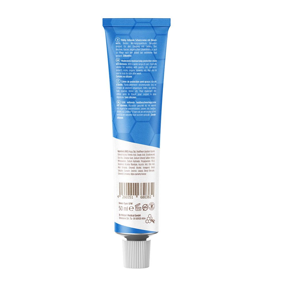 Dos du tube de crème protectrice. Texte en plusieurs langues. Contient des informations sur les ingrédients et le fabricant. 50 ml.