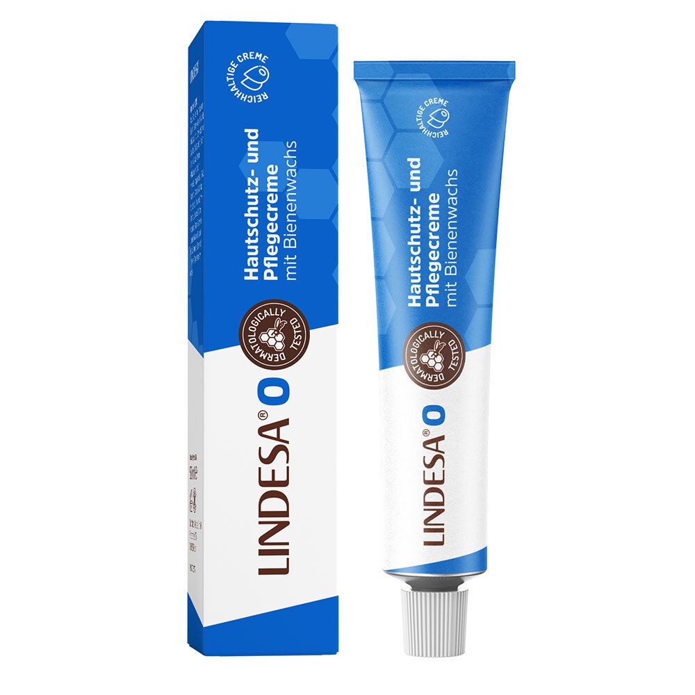 Emballage du produit avec tube. Le tube et la boîte indiquent LINDESA® O crème protectrice et soin au miel. Testé dermatologiquement.