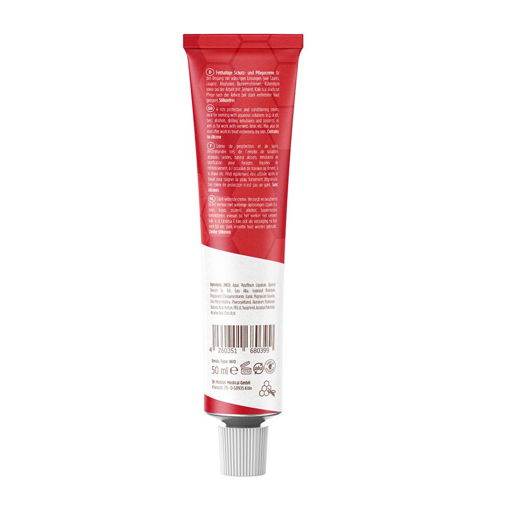 Dos d'un tube rouge. Texte multilingue. 50 ml. Code-barres. Informations fabricant.