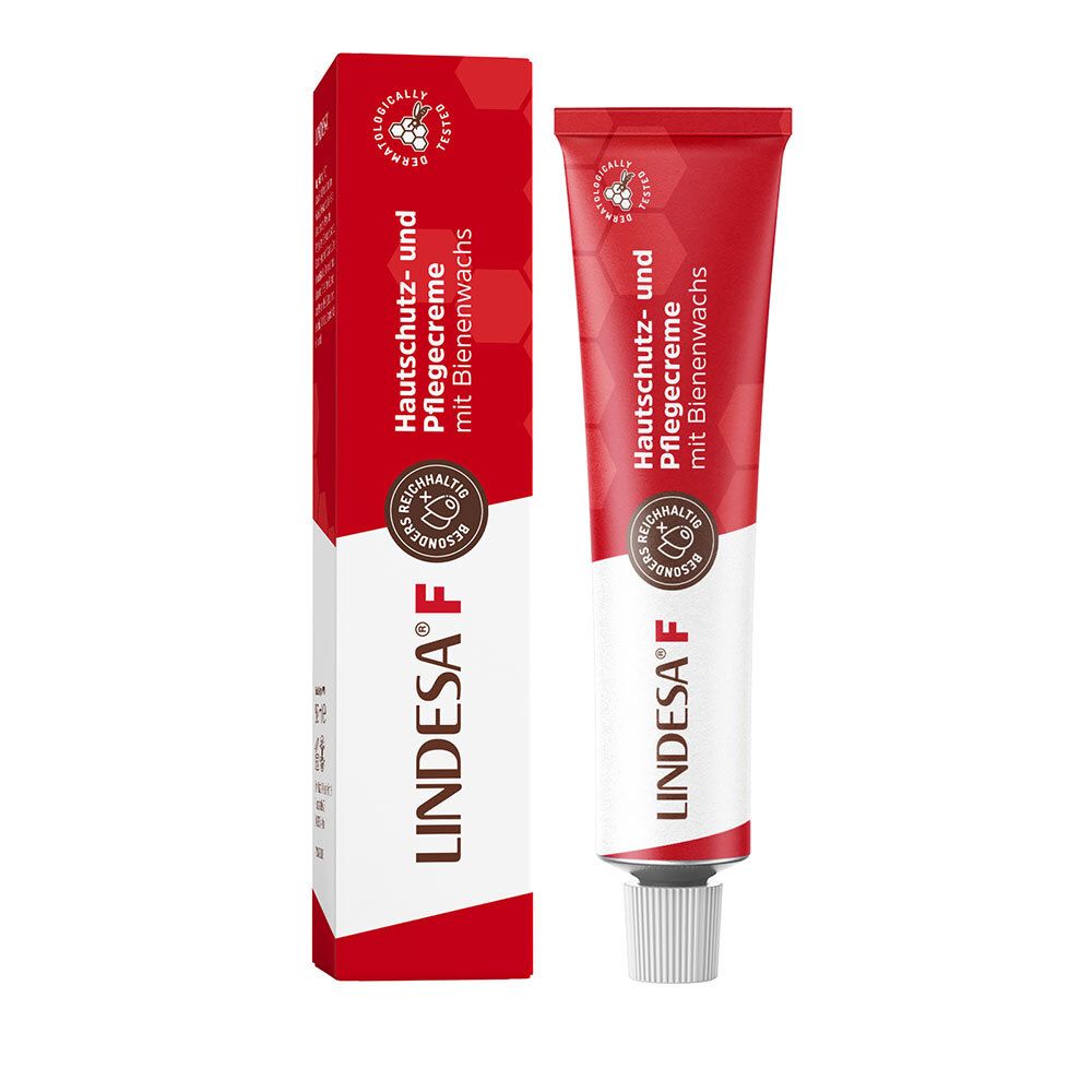 Tube et boîte. LINDESA® F, crème protectrice et soin avec cire d'abeille. Sceau. Emballage blanc et rouge.