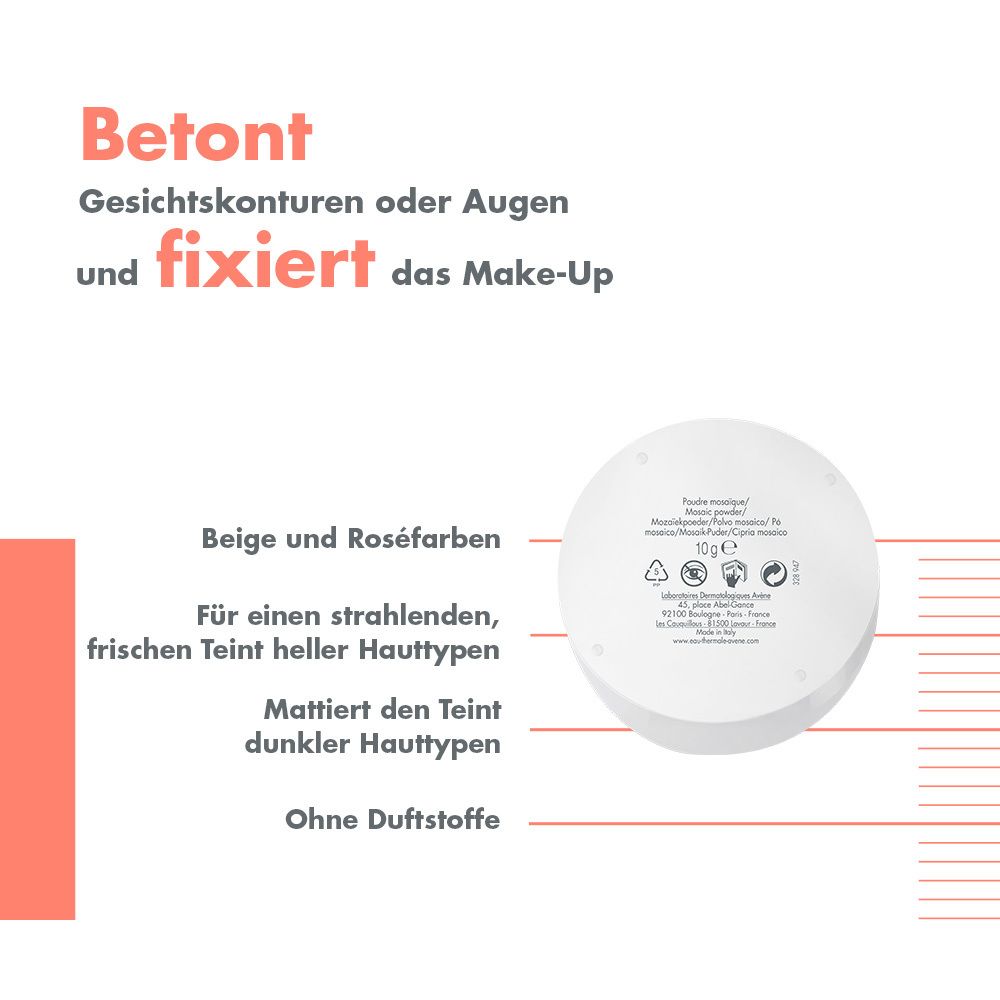 Fond de boîtier rond avec texte. Texte : teintes beige et rosé, pour un teint éclatant, matifiant.