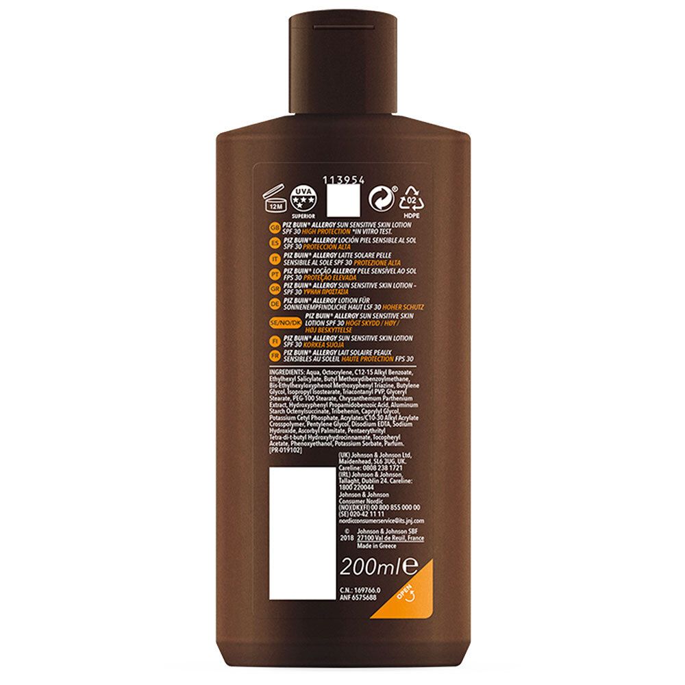 Dos du flacon marron. Texte: PIZ BUIN ALLERGY SUN SENSITIVE SKIN LOTION. Ingrédients. 200ml. Informations multilingues.