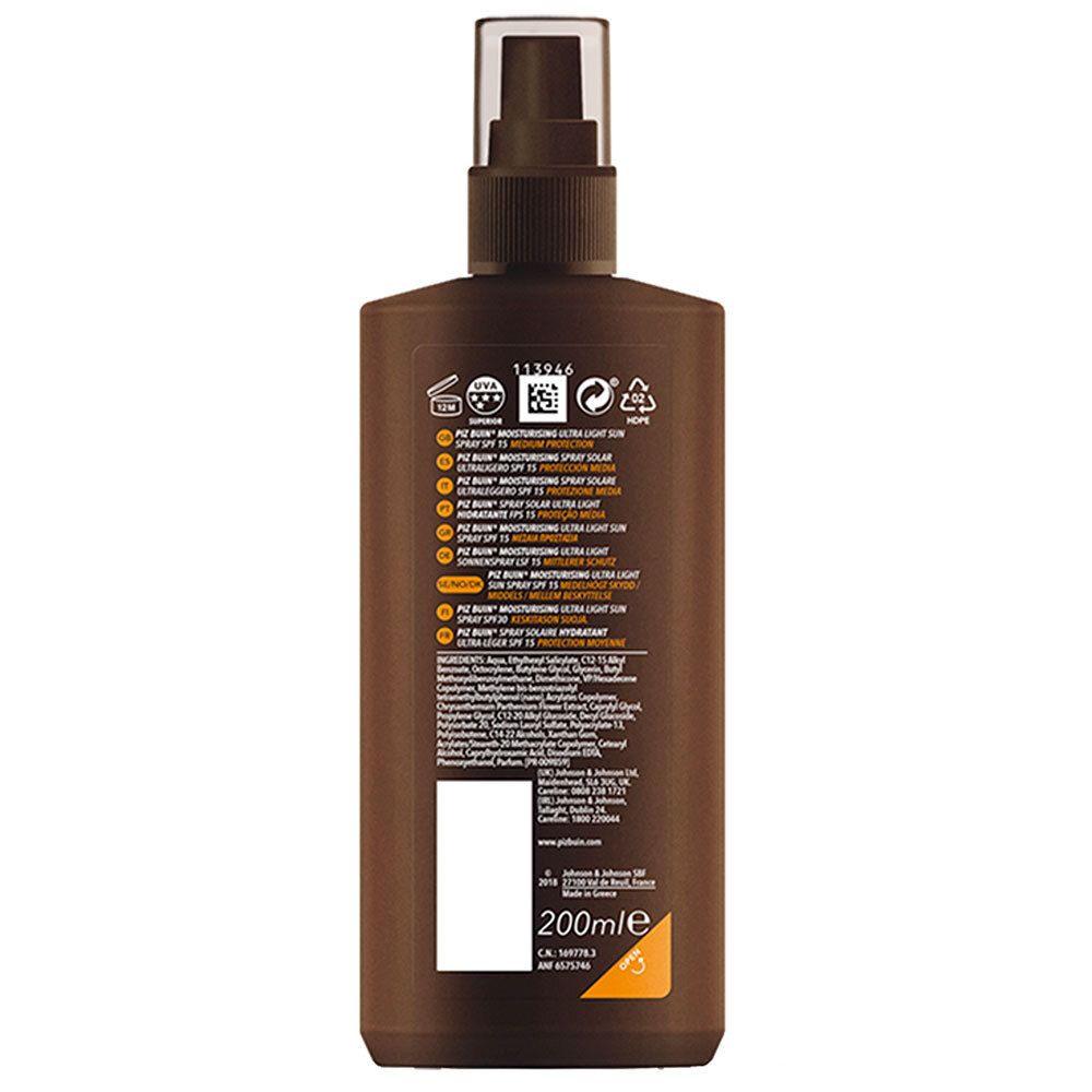 Dos du flacon de spray solaire PIZ BUIN®. Texte: MOISTURISING ULTRA LIGHT SUN SPRAY. Ingrédients, informations fabricant. 200ml.