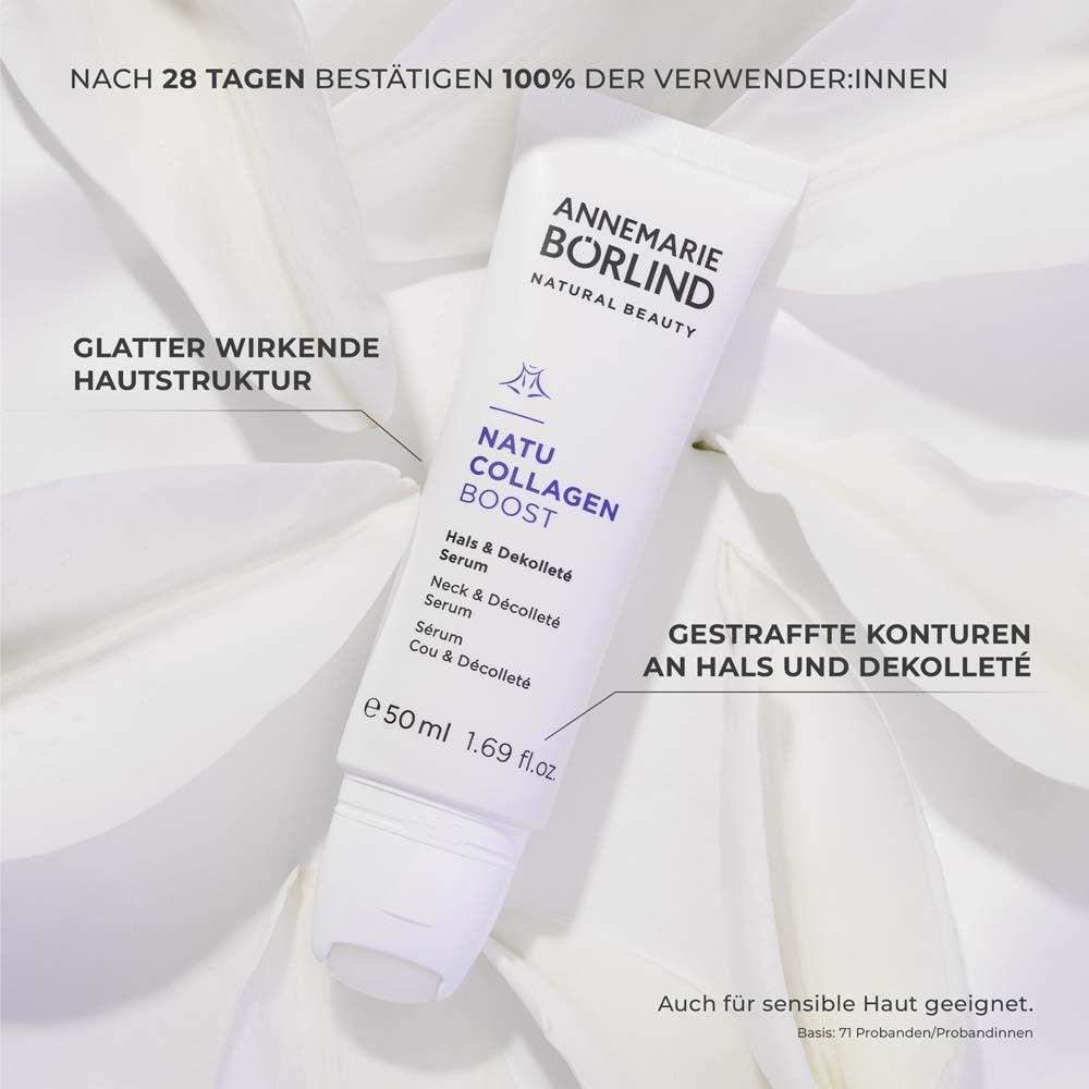 Witte tube met productopdruk. Merk: ANNEMARIE BÖRLIND. Product: NATU COLLAGEN BOOST Hals & Décolleté Serum.