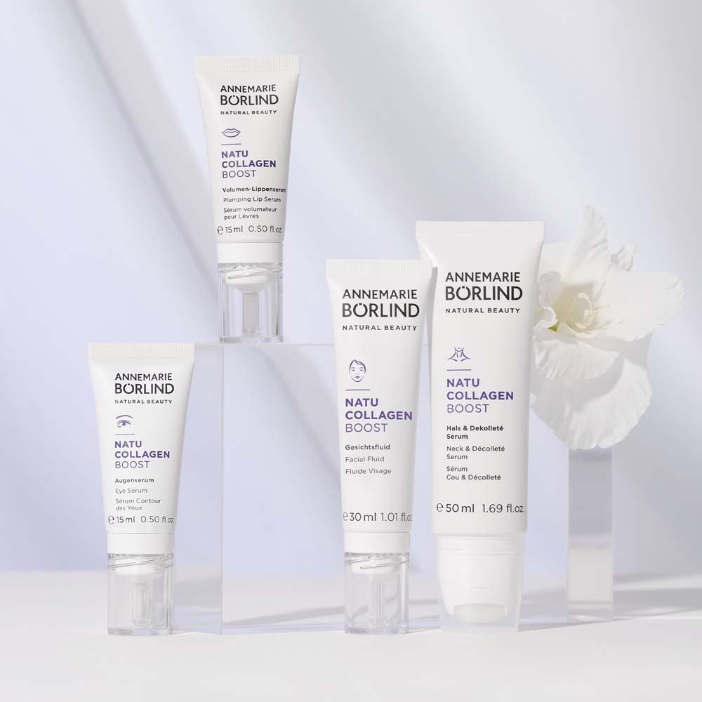 Verschillende tubes en flacons. Merk: ANNEMARIE BÖRLIND. Producten: NATU COLLAGEN BOOST, oogverzorging, gezichtsfluid.