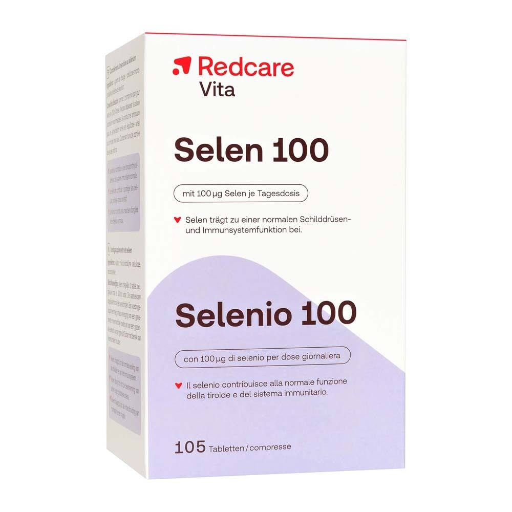Doos Redcare Vita Selen 100. Opschriften Selen 100 en Selenio 100. 105 tabletten.