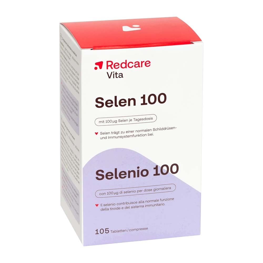 Doos Redcare Vita Selen 100. Opschriften Selen 100 en Selenio 100. 105 tabletten.