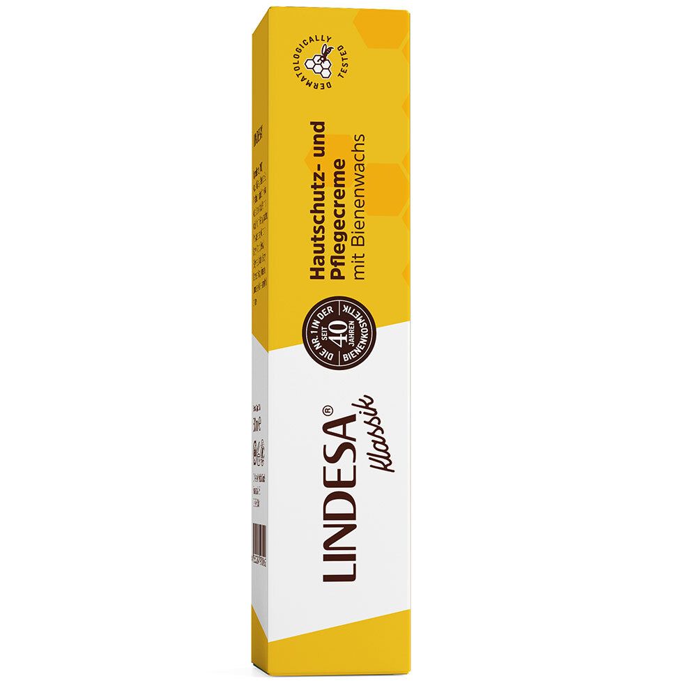 Emballage jaune avec texte blanc. Inscription: Crème protectrice et soin avec cire d'abeille. Logo: LINDESA® Klassik.