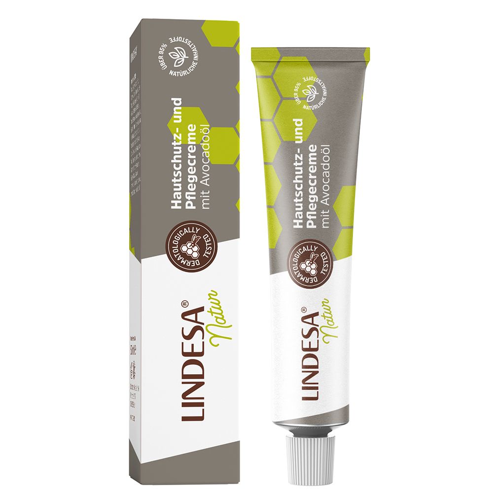 Tube et boîte de crème. Tube avec bouchon vert, tube gris. Inscription : LINDESA Natur, crème protectrice et soin à l'huile d'avocat.