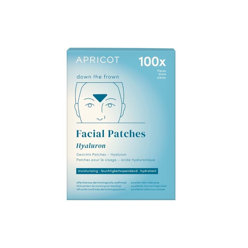 Boîte de patchs faciaux APRICOT. Emballage bleu avec informations sur le produit.