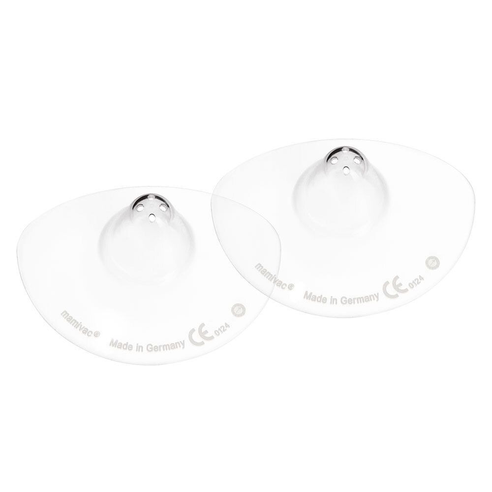 Twee transparante mamivac® tepelhoedjes. Met gaatjes en CE-markering. Gemaakt in Duitsland.