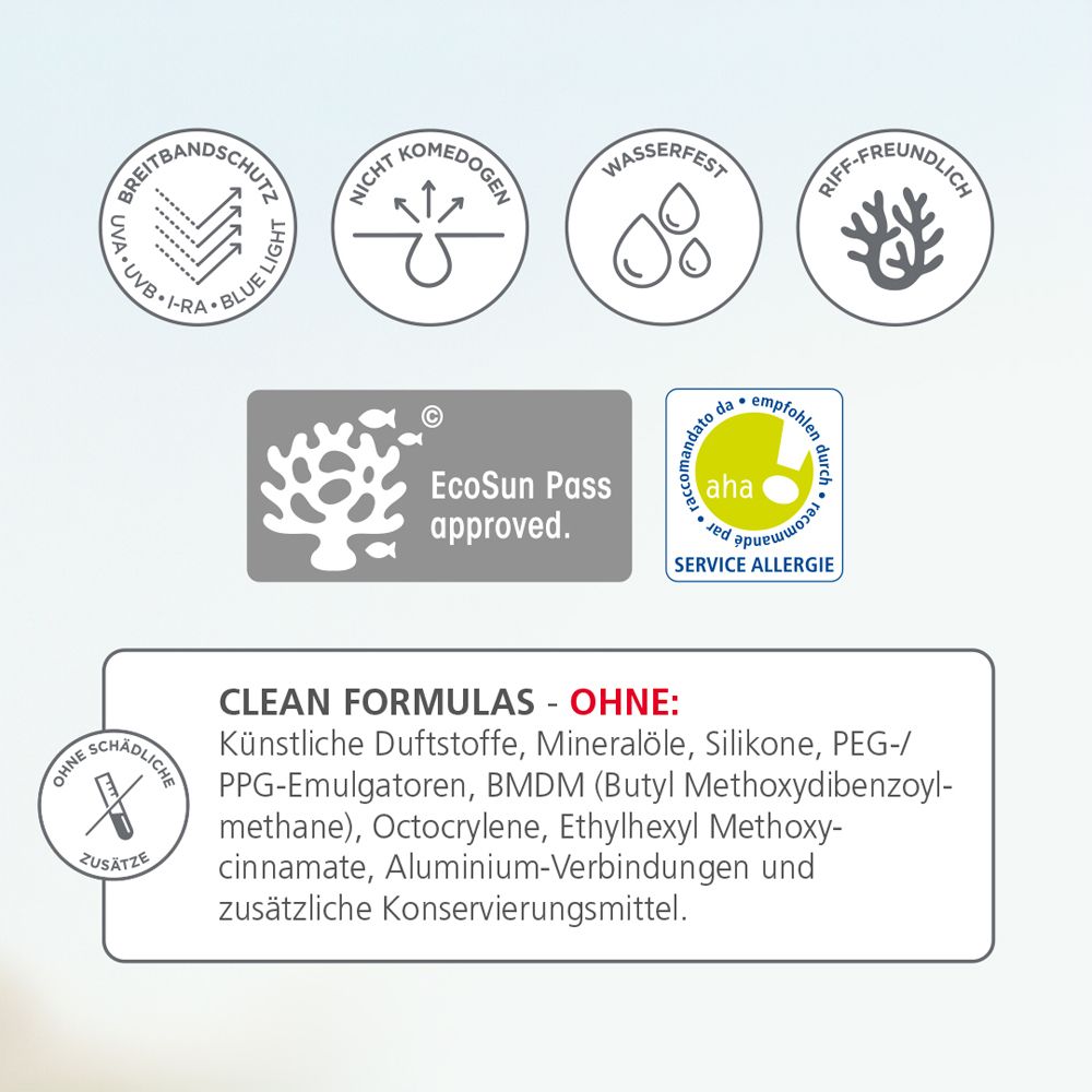 Cirkelvormige symbolen: breed spectrum bescherming, niet-comedogeen, waterbestendig, rifvriendelijk. EcoSun Pass approved. aha Service Allergie.
