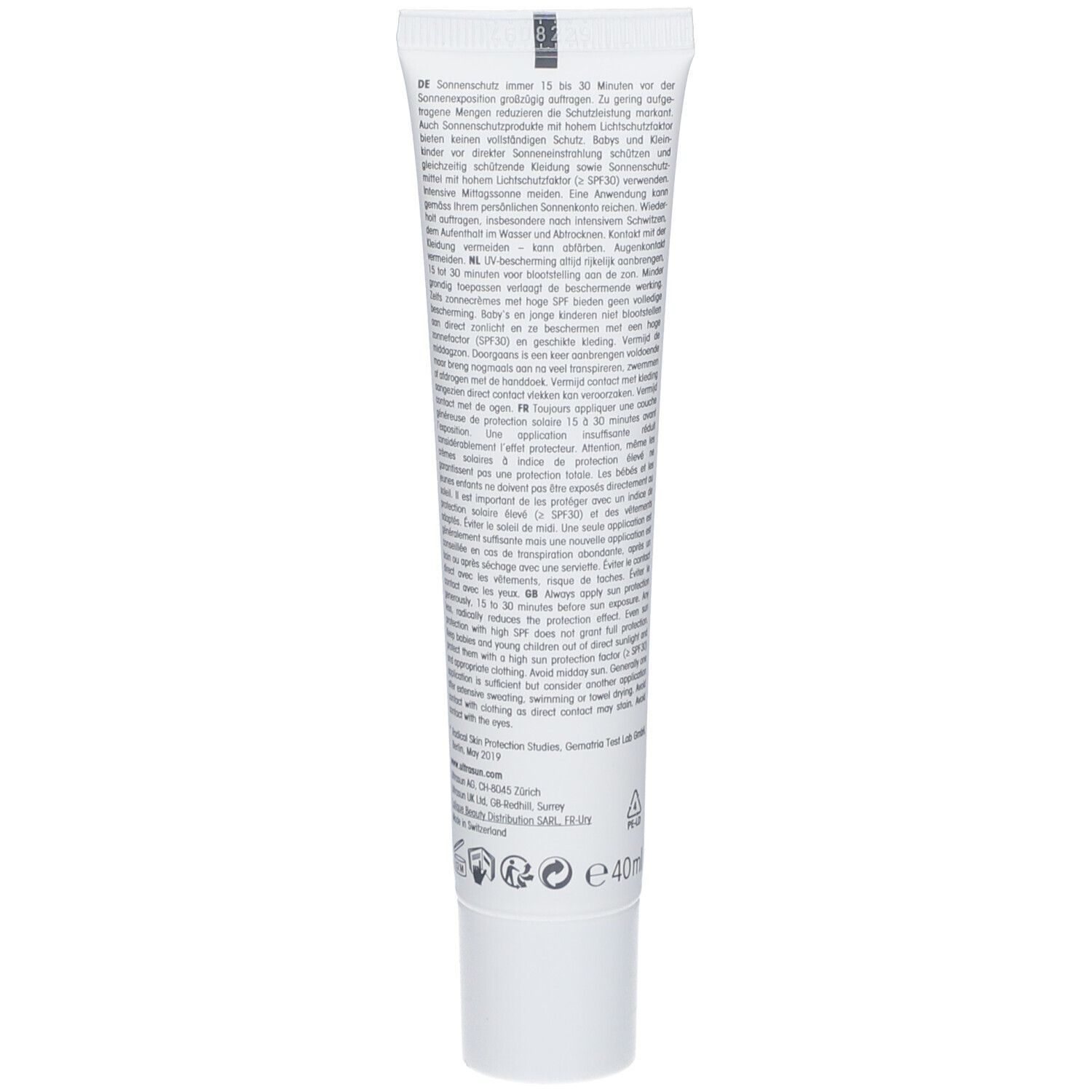 Dos d'un tube blanc. Texte et logos. Volume: 40ml.