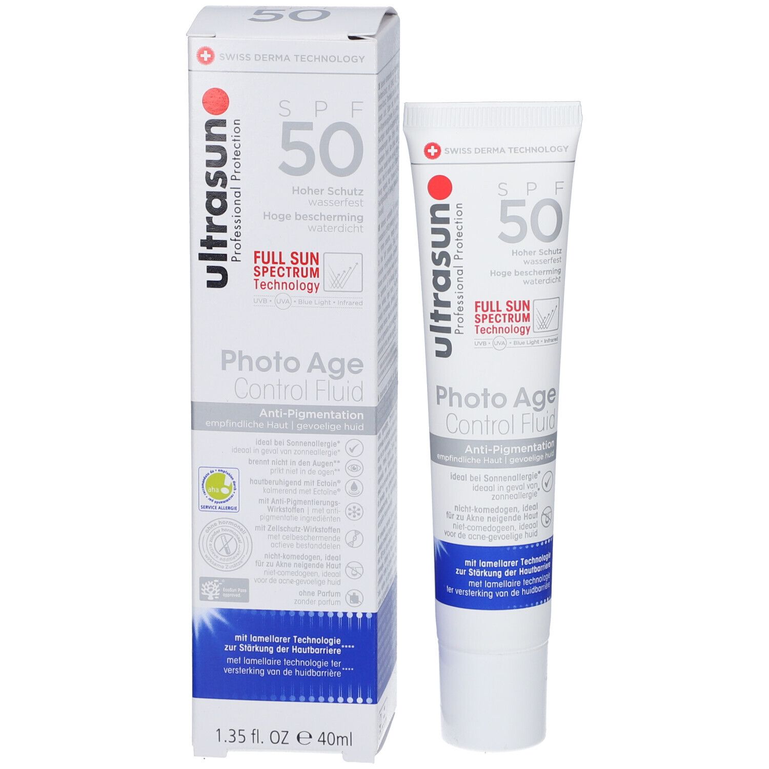 Emballage produit avec tube. Texte: SPF 50, Photo Age Control Fluid. Marque: ultrasun. Volume: 40ml.