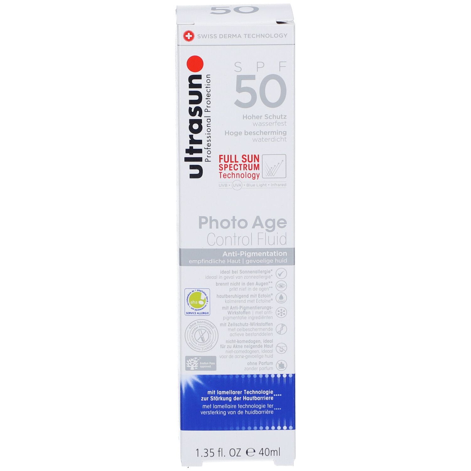 Emballage du produit. Texte: SPF 50, Photo Age Control Fluid. Marque: ultrasun. Volume: 40ml.