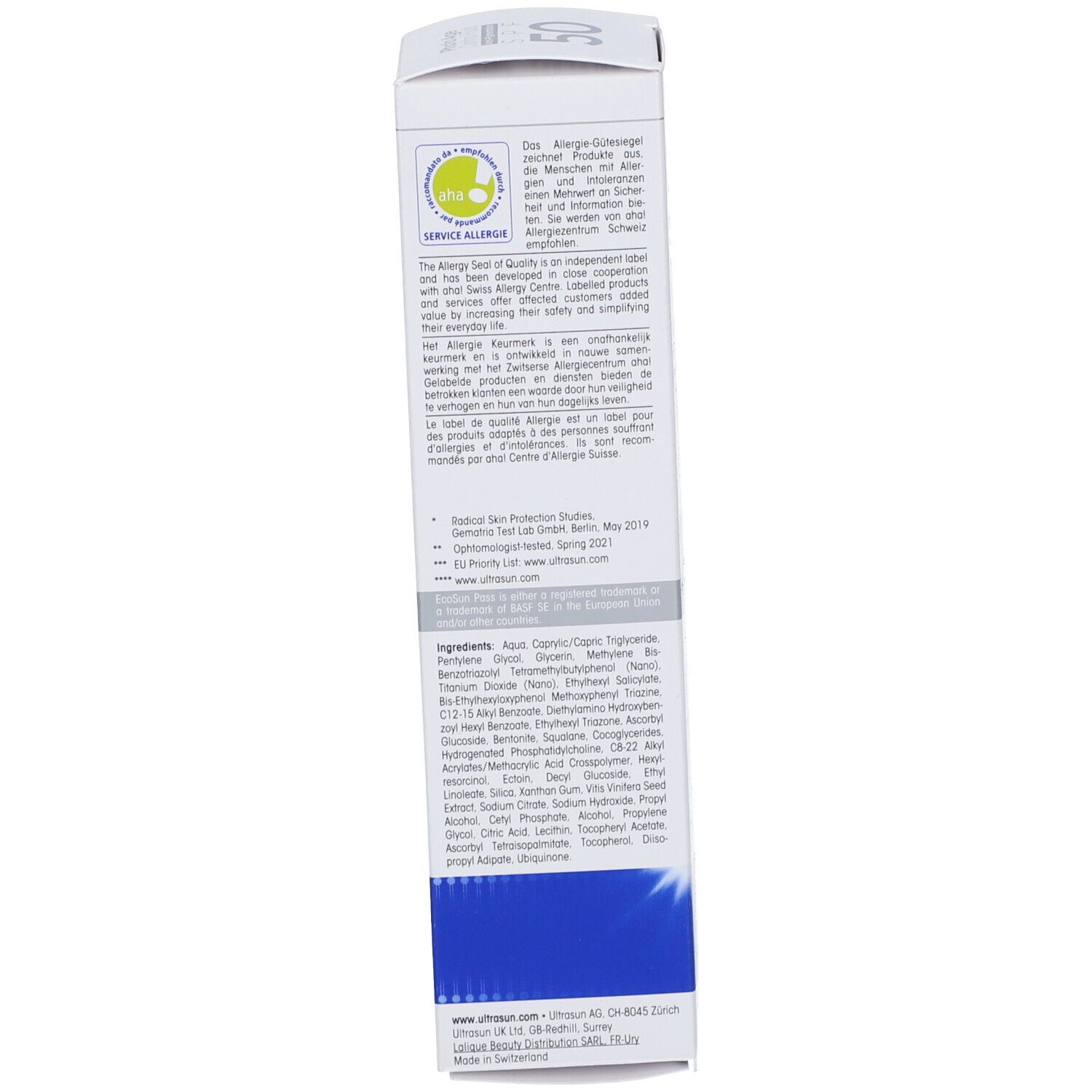 Emballage du produit. Texte et logos. Certification: Allergy Certified. Ingrédients.