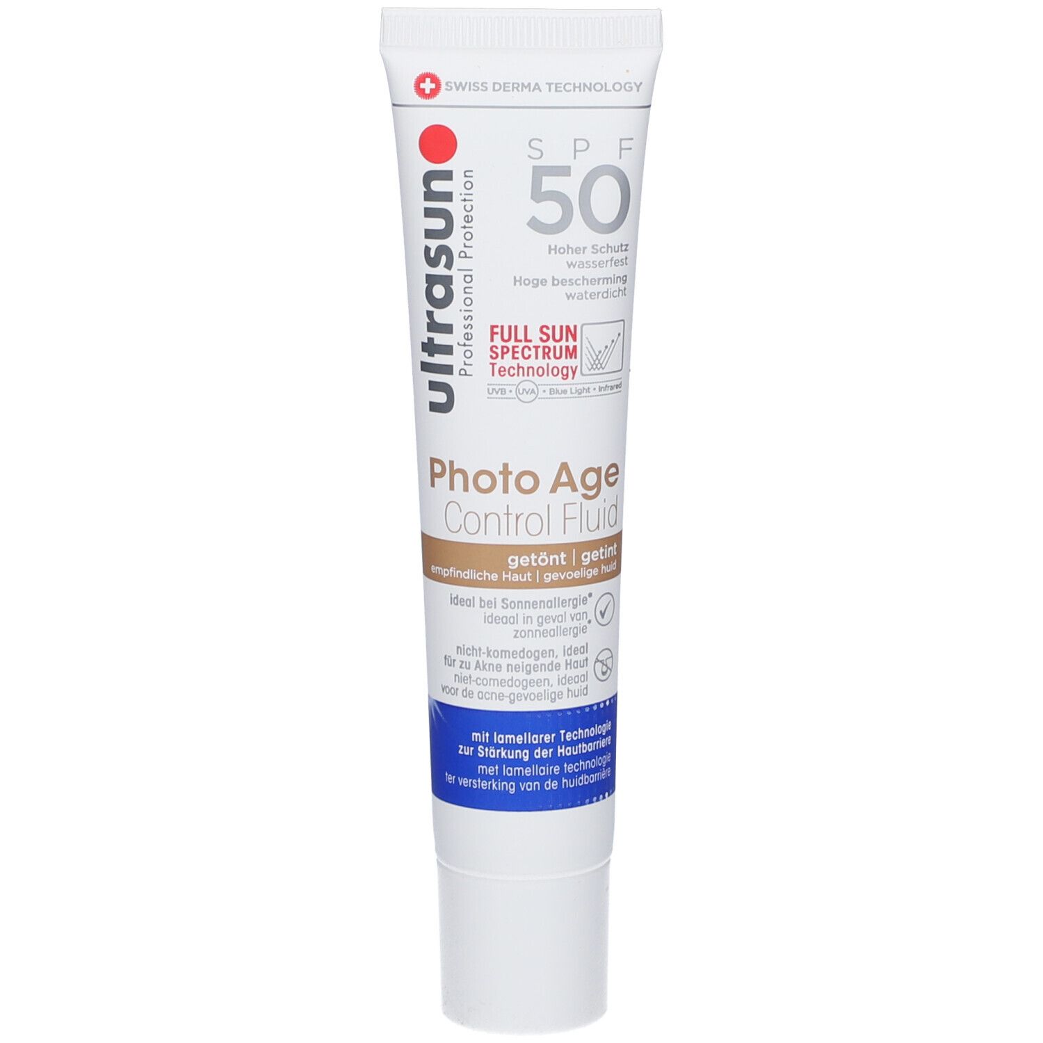 Tube de crème ultrasun Photo Age Control Fluid TINT SPF50. Blanc, impression marron. Contient 40ml.