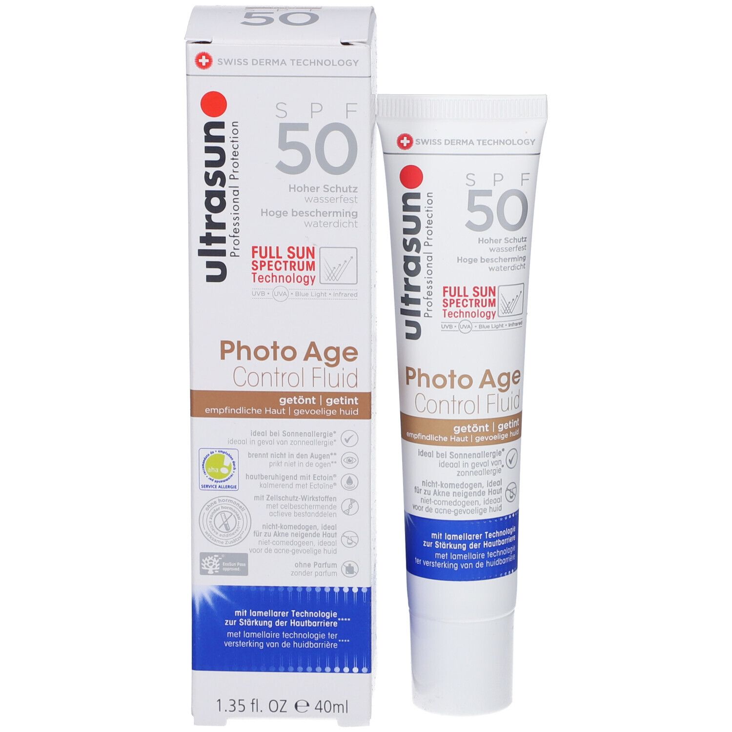 Emballage du produit avec tube et boîte. Inscription ultrasun Photo Age Control Fluid TINT SPF50. 40ml.