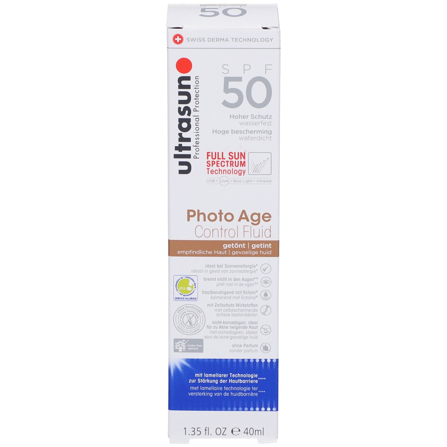 Emballage du produit avec boîte. Inscription ultrasun Photo Age Control Fluid TINT SPF50. 40ml. Fond blanc.