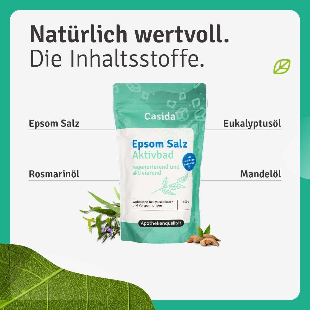 Liste des avantages du sel de bain Epsom Aktivbad : apaisant, régénérant, facile à utiliser, sans tensioactifs.