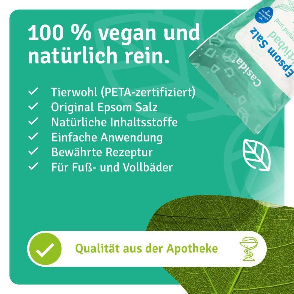 Caractéristiques du sel de bain Epsom Aktivbad : végétalien, certifié bien-être animal, sel d'Epsom original, ingrédients naturels, utilisation facile.