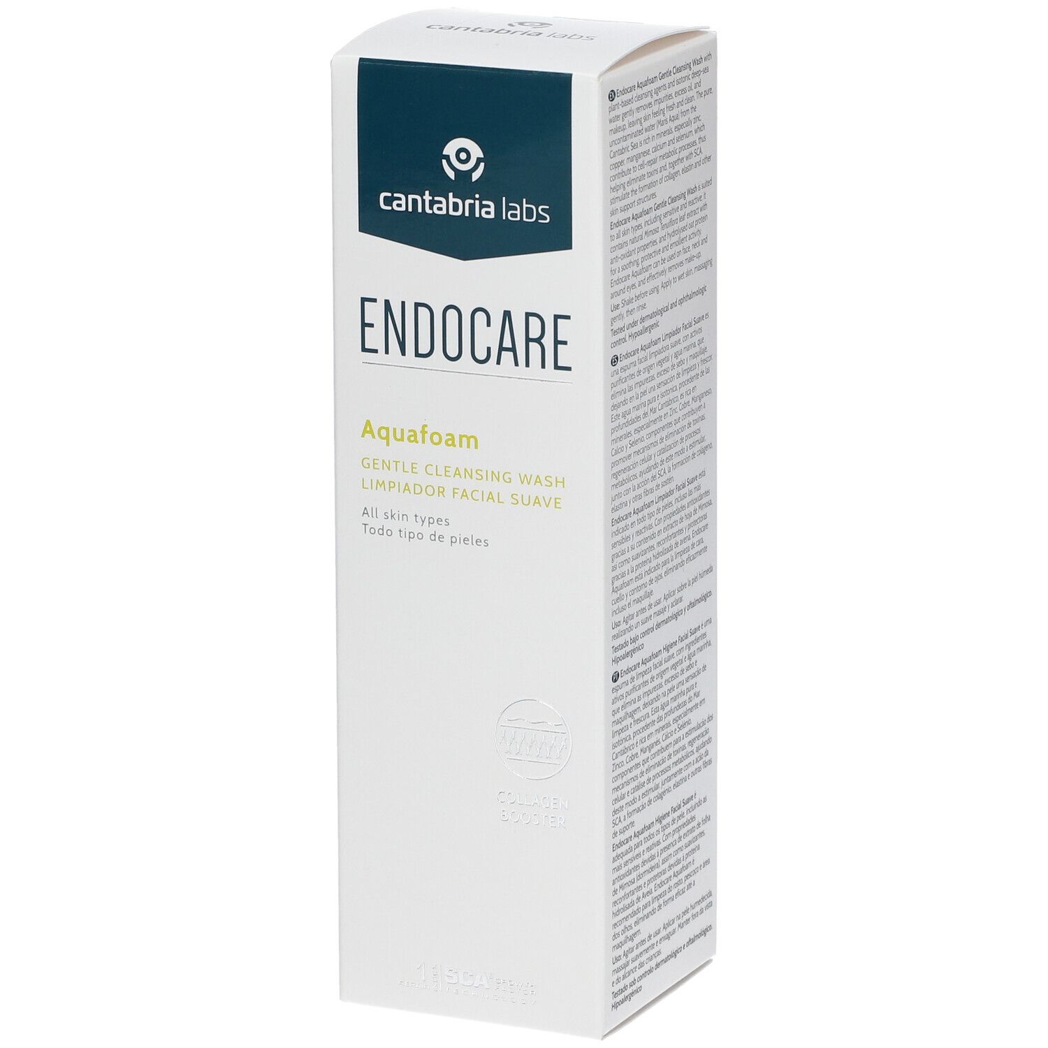 Verpakking van Endocare Aquafoam. Witte doos met blauw logo en productnaam. Tekst in het Engels en Spaans.