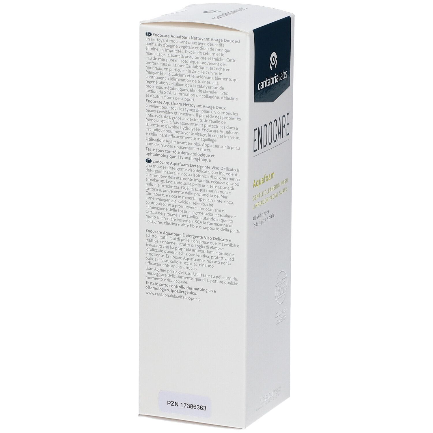 Zijaanzicht van de Endocare Aquafoam verpakking. Witte doos met tekst in meerdere talen. PZN-nummer.