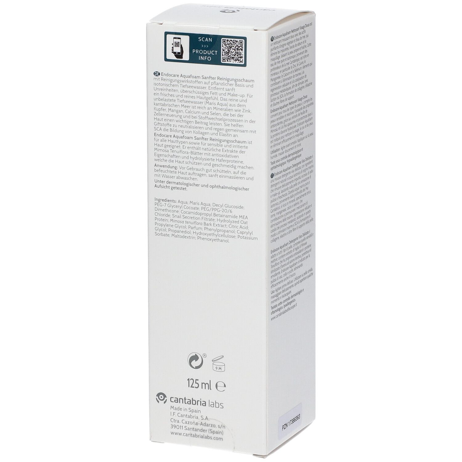 Achterkant van de Endocare Aquafoam verpakking. Bevat ingrediënten, QR-code en volume: 125 ml.