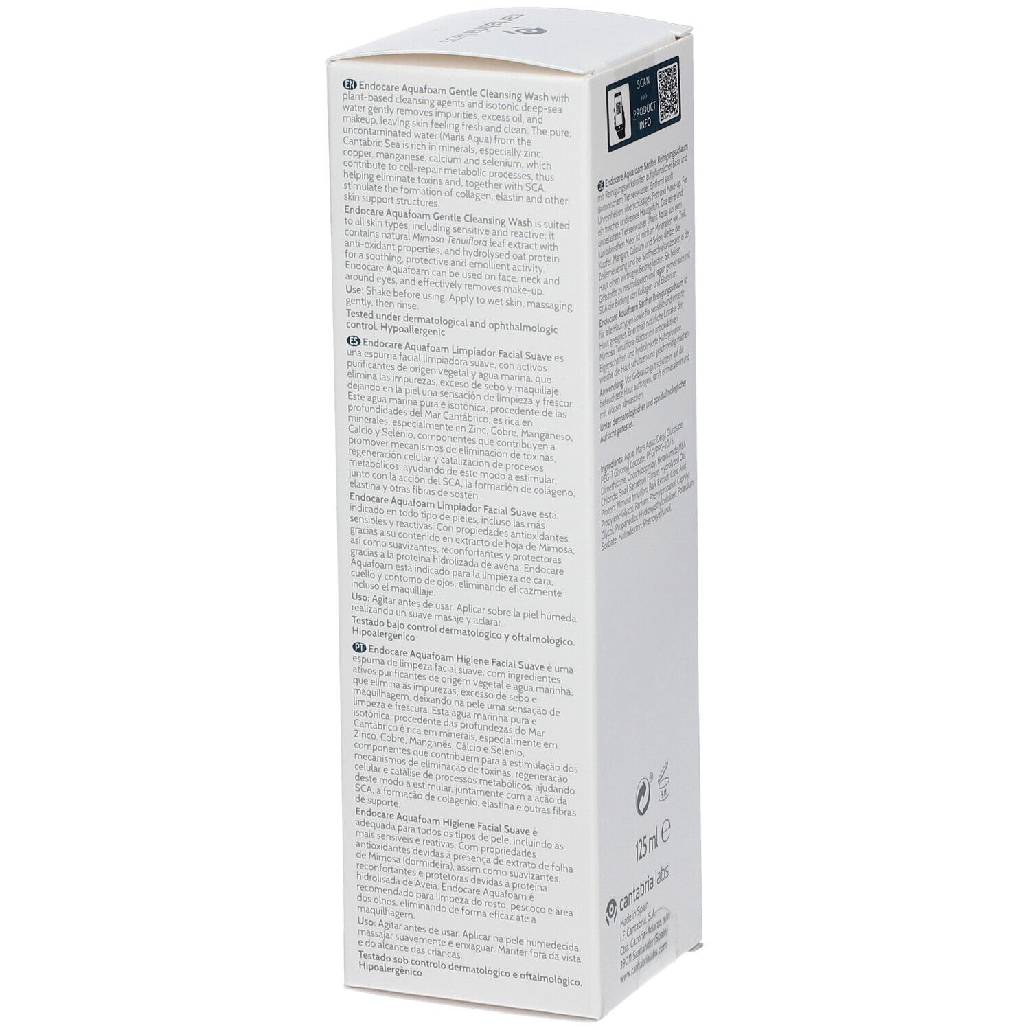 Zijaanzicht van de Endocare Aquafoam verpakking. Tekst in meerdere talen. Volume: 125 ml.