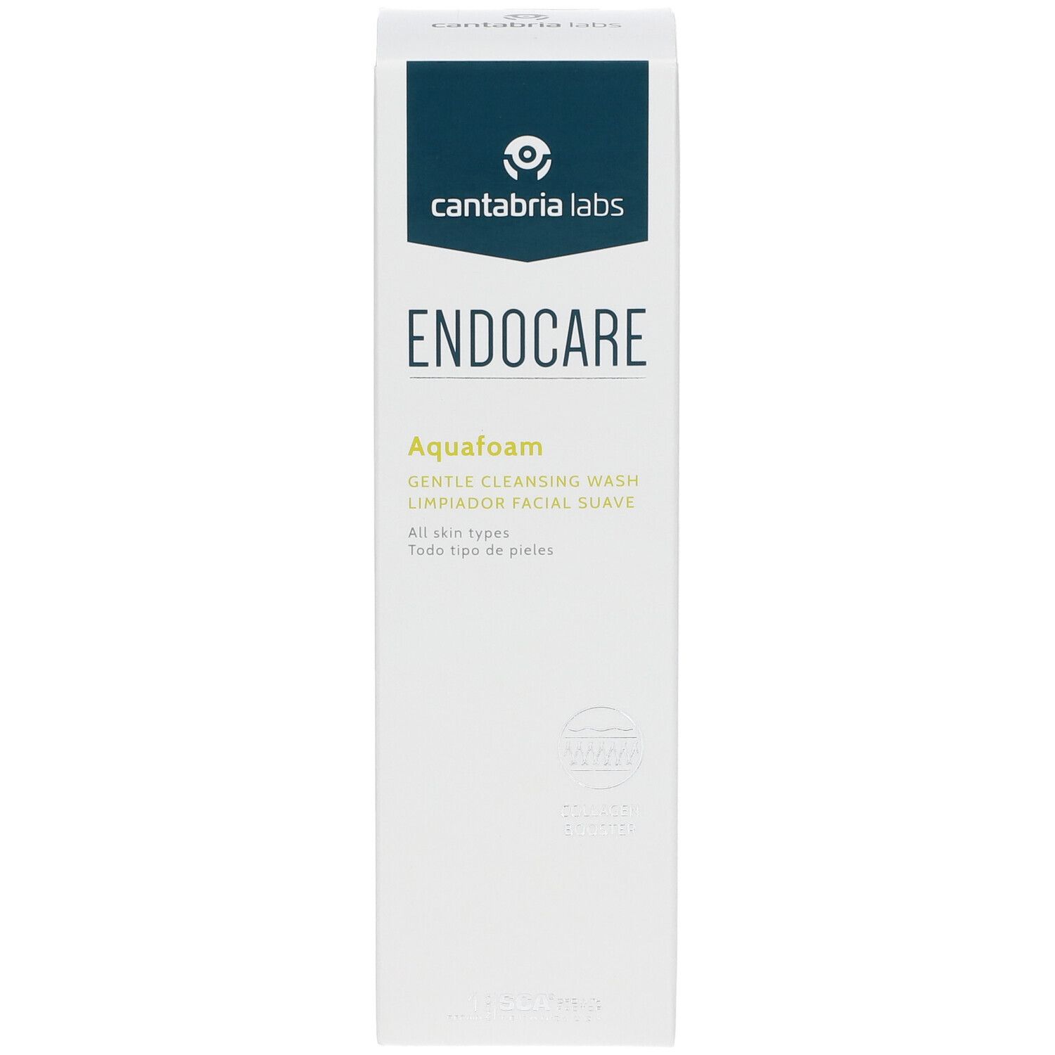 Vooraanzicht van de Endocare Aquafoam verpakking. Witte doos met blauw logo en productnaam. Tekst in het Engels en Spaans.