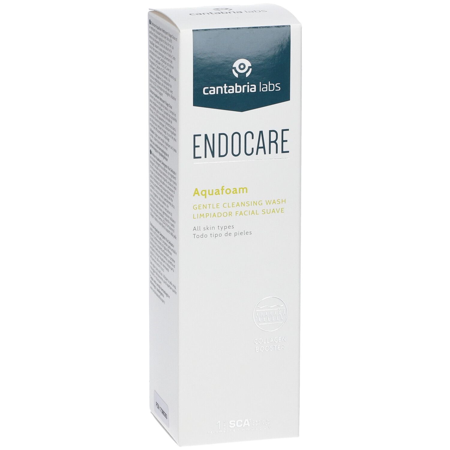 Schuine weergave van de Endocare Aquafoam verpakking. Witte doos met blauw logo en productnaam. Tekst in het Engels en Spaans.