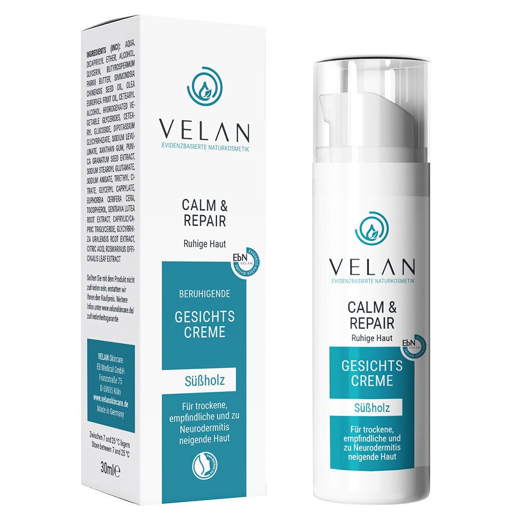 VELAN CALM & REPAIR crème visage et emballage. Flacon blanc avec pompe. Texte: CALM & REPAIR, crème visage, réglisse. 30ml.