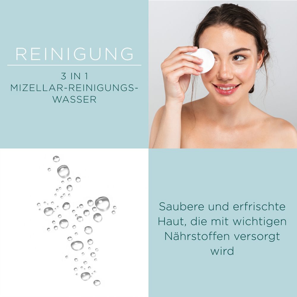Vrouw met wattenschijfje. Tekst: 3 in 1 Mizellen-Reinigungs-Wasser. Waterdruppels. Tekst: Schone en verfriste huid.
