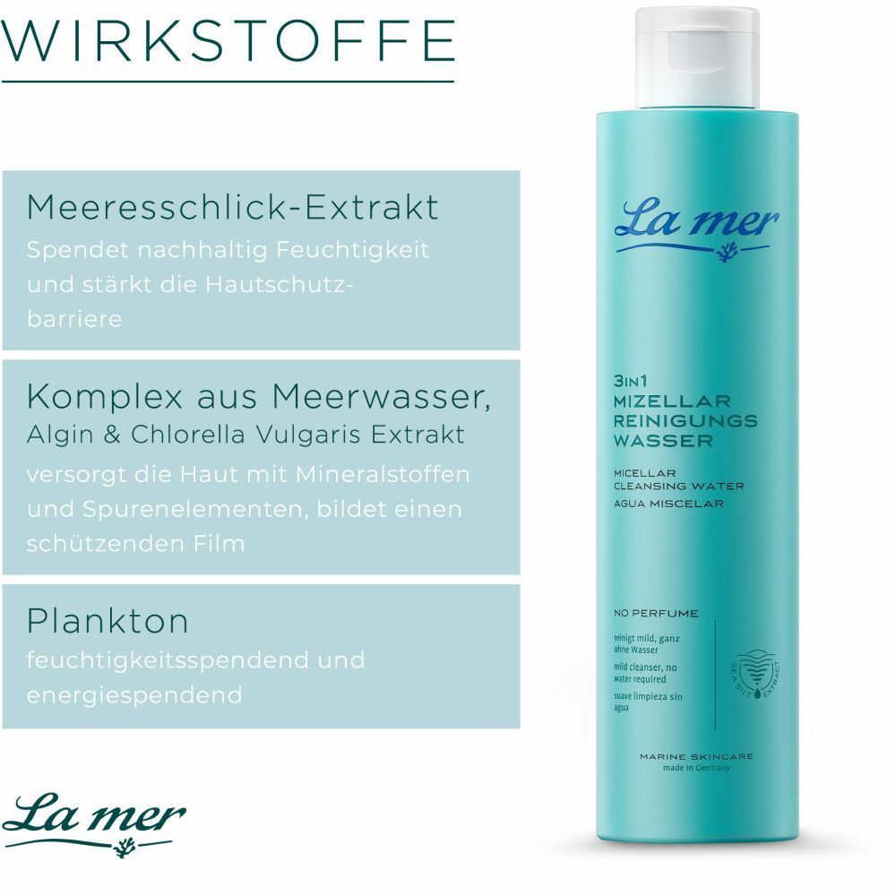 Turquoise fles met witte dop. Tekst: La mer, 3in1 Mizellen Reinigungs Wasser. Tekst: Actieve ingrediënten: modderextract.