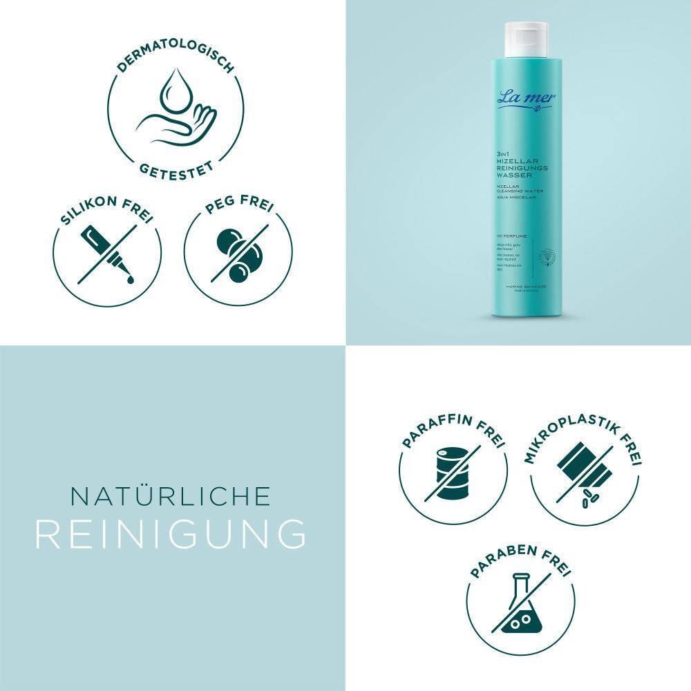 Turquoise fles met witte dop. Logo's: Dermatologisch getest, siliconenvrij, PEG-vrij, paraffinevrij, microplasticvrij, parabenen vrij.