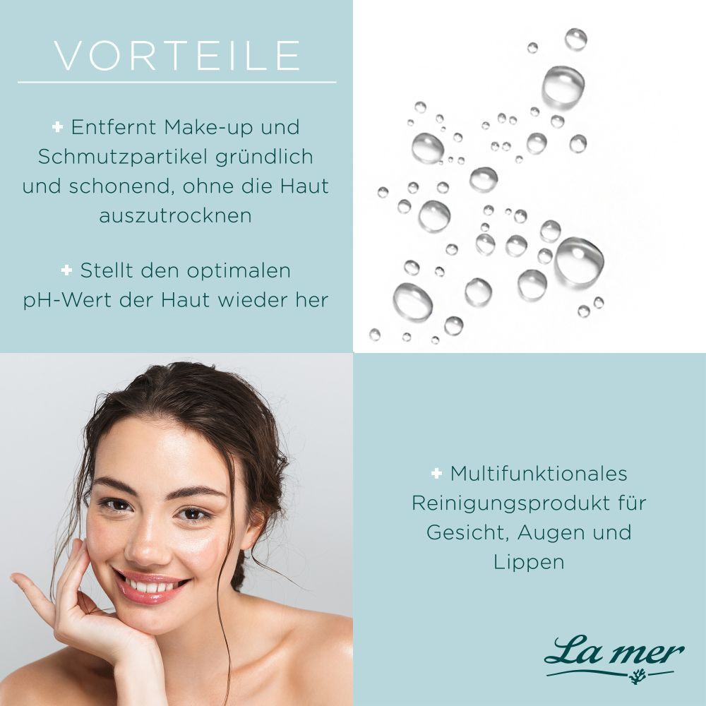 Vrouw raakt haar gezicht aan. Tekst: Voordelen: Verwijdert make-up, herstelt pH-waarde. Waterdruppels. Tekst: Multifunctioneel reinigingsproduct.
