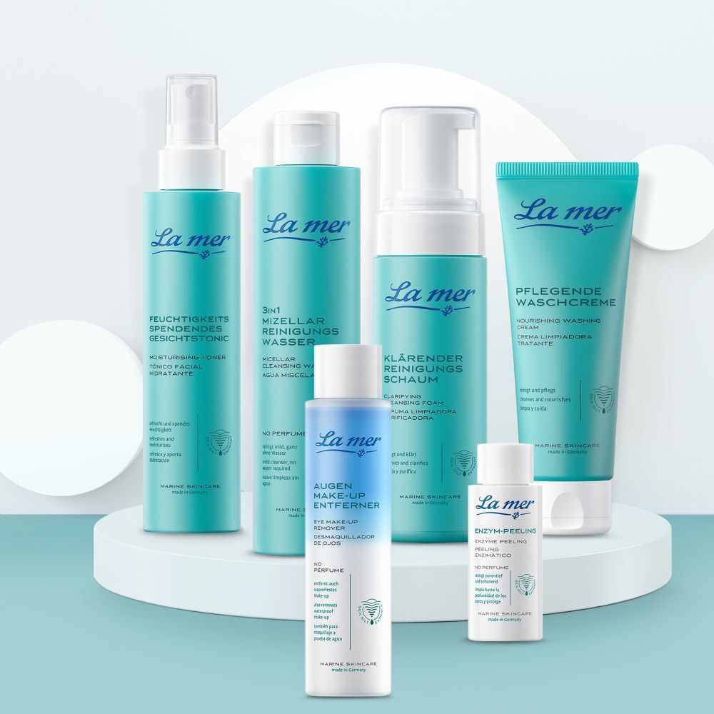 Verschillende La mer producten. Hydraterende gezichtstonic, 3in1 Mizellen Reinigungs Wasser, reinigingsschuim, oogmake-up remover, wascrème, enzympeeling.