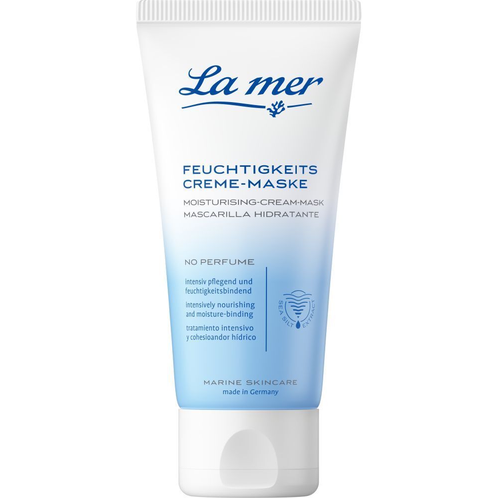 Tube de crème-masque. Blanc, bleu. Texte : La mer, Feuchtigkeitscreme-Maske, No Perfume. Marine Skincare.