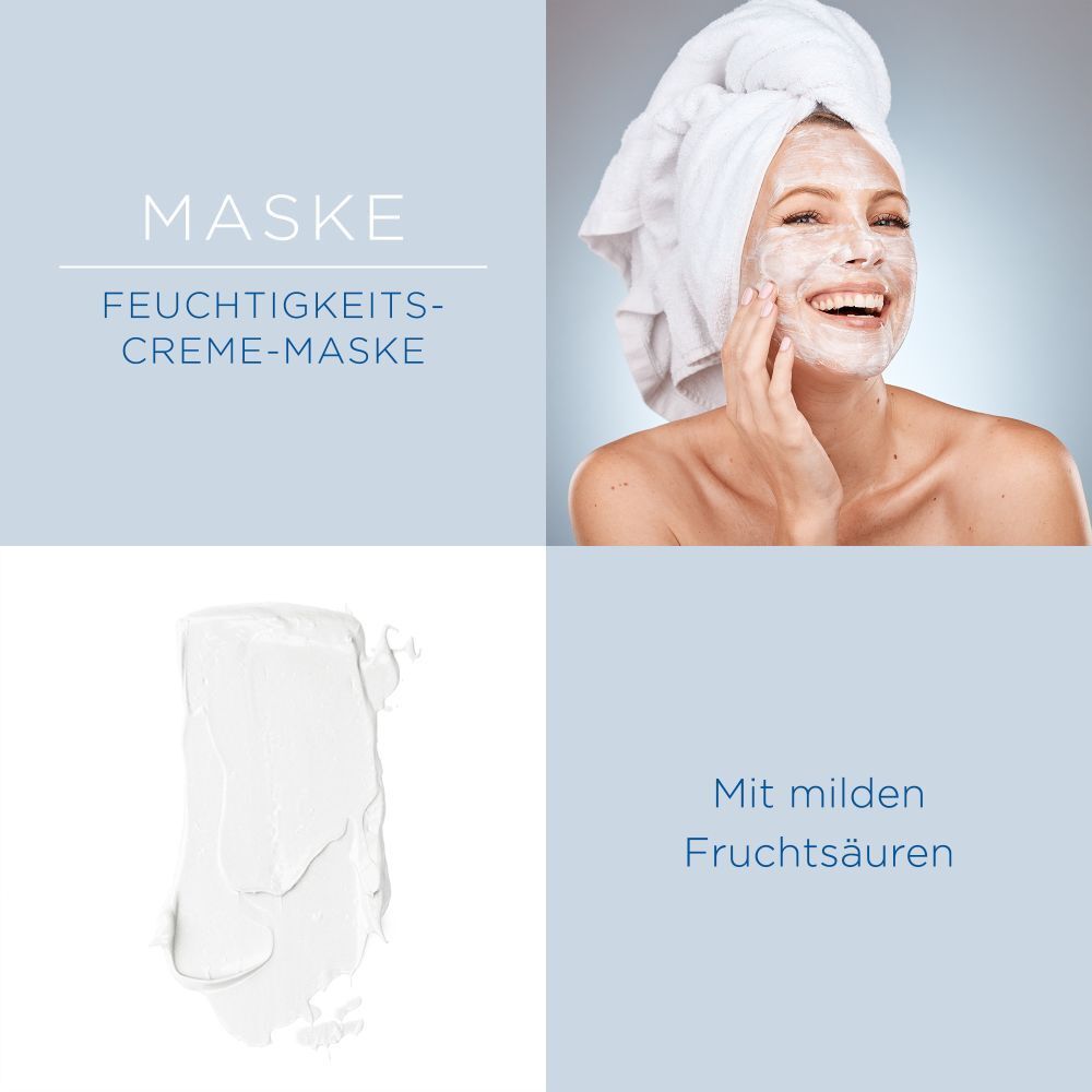 Femme avec masque sur le visage. Texte : Maske, Feuchtigkeitscreme-Maske. Goutte de crème. Texte : Mit milden Fruchtsäuren.